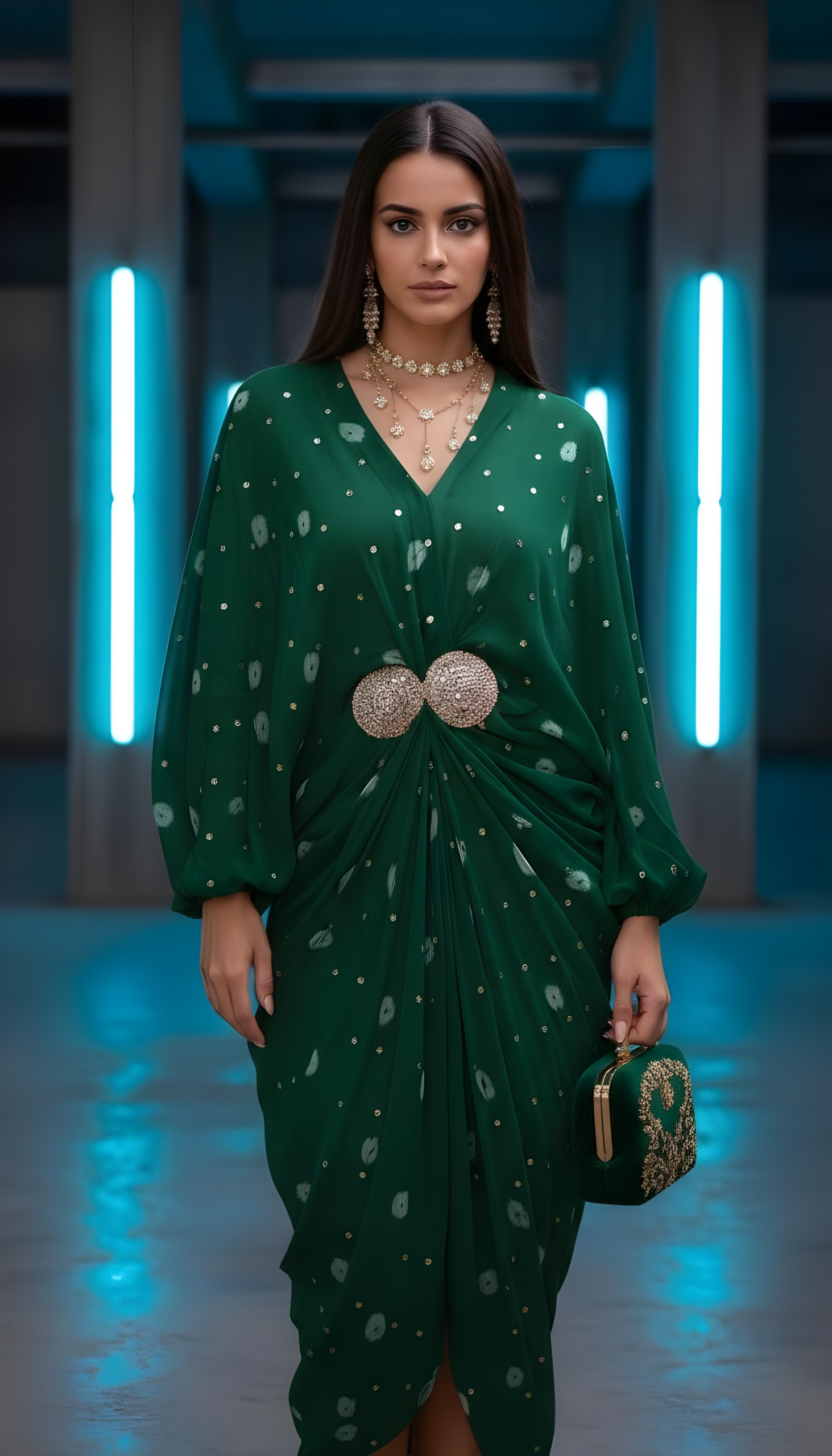 GREEN KAFTAN WITH BROOCH